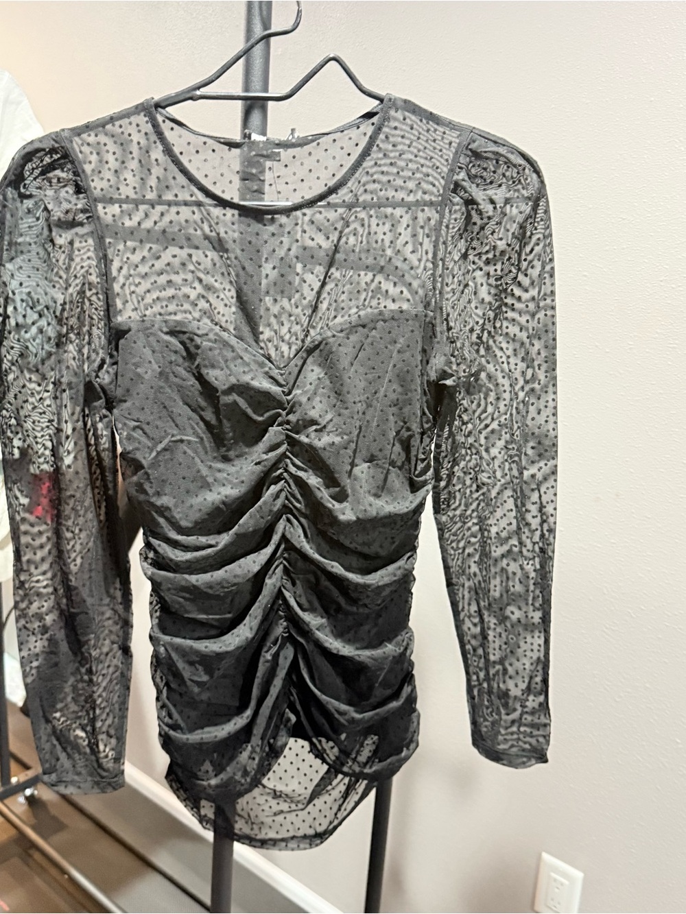 Express Black Sheer Polka Dot Ruched Long Sleeve Top - NWT - Size S